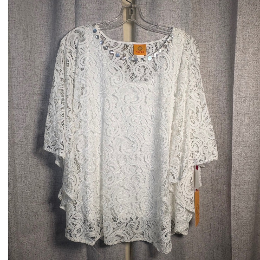 Ruby Rd Womens White Lace Poncho Top Shell Embellished Set Size L 32153